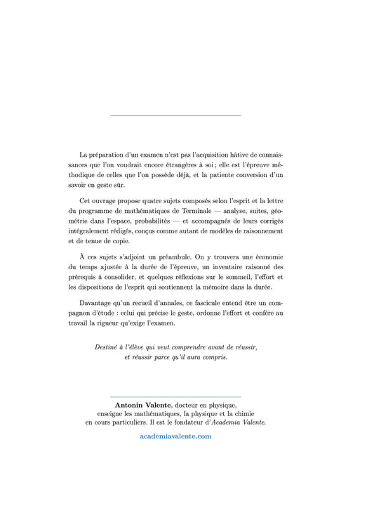 Quatrième de couverture bac maths 2026 — Academia Valente