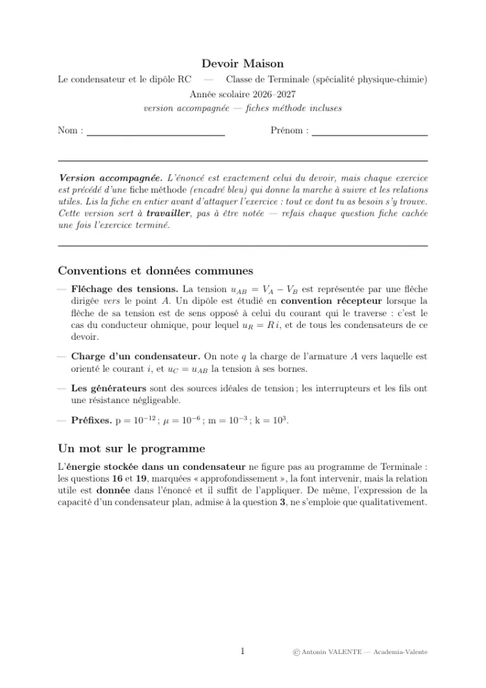 Version assistée du devoir : le sujet avec une fiche méthode par partie