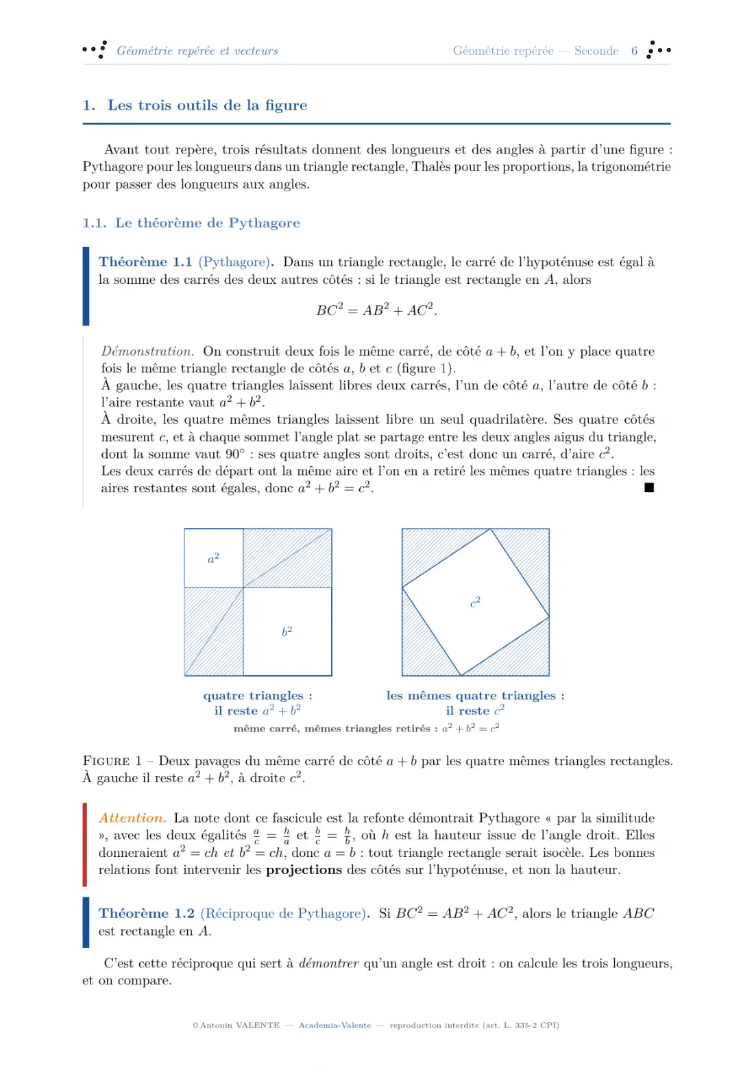 Page du fascicule Géométrie repérée, seconde : démonstration du théorème de Pythagore par deux pavages du même carré