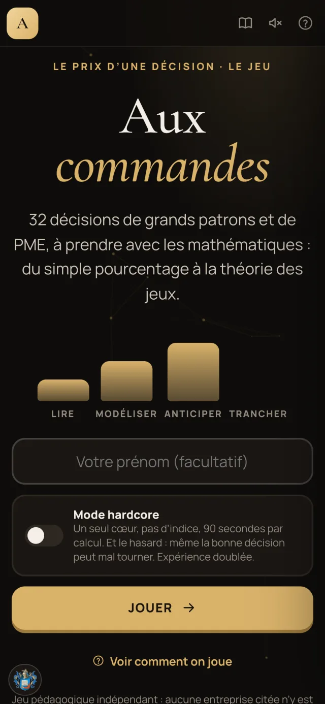 L'accueil du jeu « Aux commandes » sur un téléphone