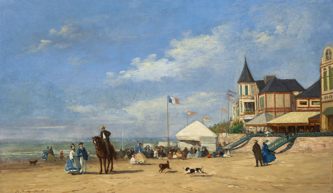 Eugène Boudin, La Plage de Trouville, 1863 — élégantes en robes claires sous un vaste ciel normand d'été.