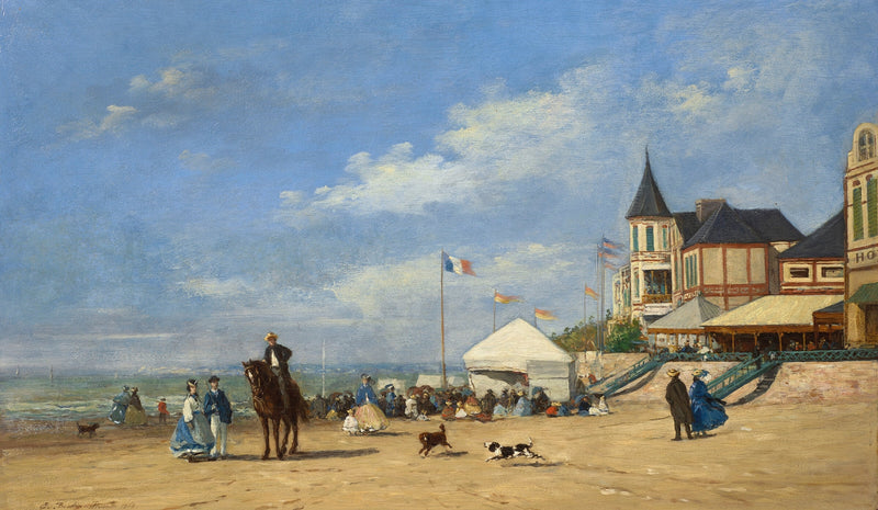 Eugène Boudin, La Plage de Trouville, 1863 — élégantes en robes claires sous un vaste ciel normand d'été.