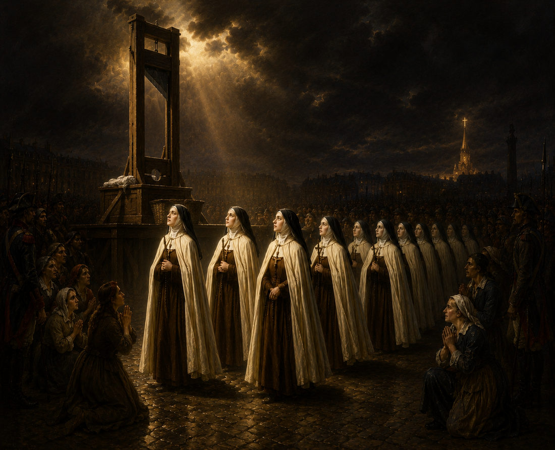 Carmélites de Compiègne allant à l'échafaud regardant le martyre dans une ambiance sombre