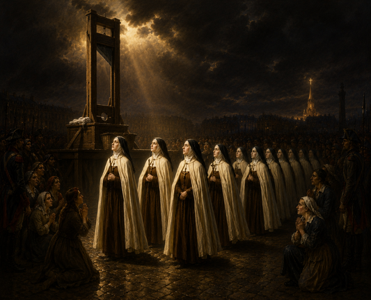 Carmélites de Compiègne allant à l'échafaud regardant le martyre dans une ambiance sombre