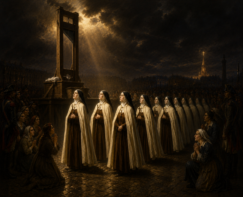 Carmélites de Compiègne allant à l'échafaud regardant le martyre dans une ambiance sombre