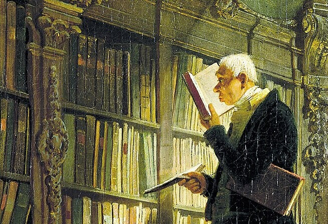 Carl Spitzweg, Le Rat de bibliothèque (vers 1850) : un érudit perché en haut d'une échelle, plusieurs ouvrages calés sous le bras, lisant absorbé dans une vaste bibliothèque baroque.