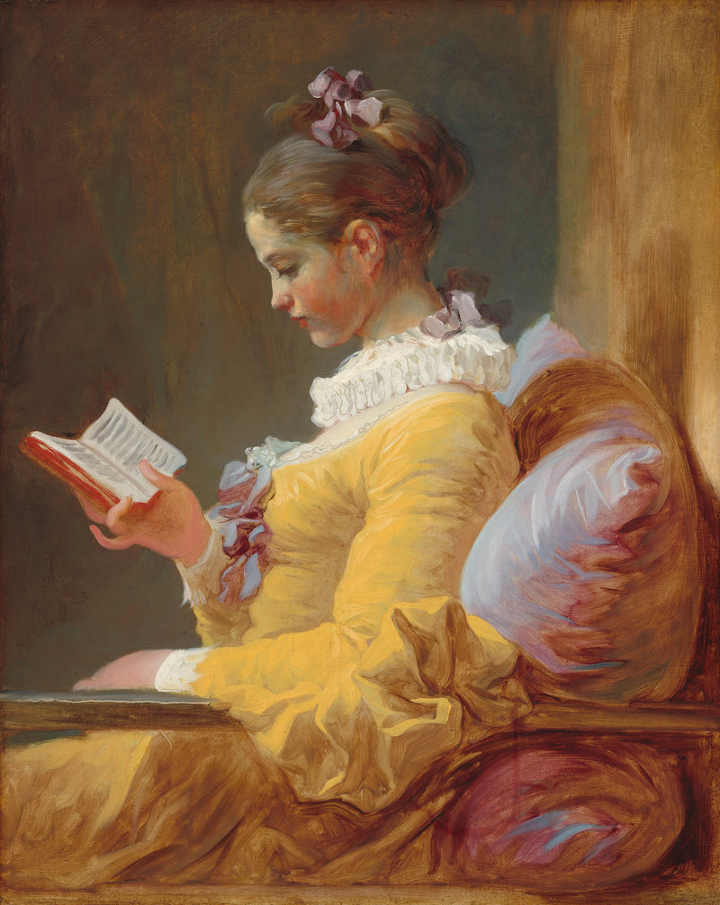 Jean-Honoré Fragonard, La Liseuse, vers 1769 — jeune femme absorbée dans sa lecture, robe jaune et fond neutre.