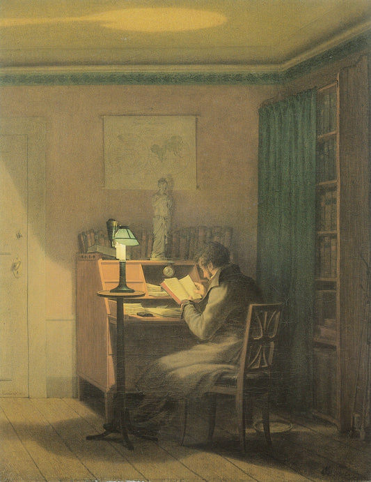 L'Élégant Lecteur — Georg Friedrich Kersting, vers 1812. Un homme lit attentivement dans un intérieur silencieux.