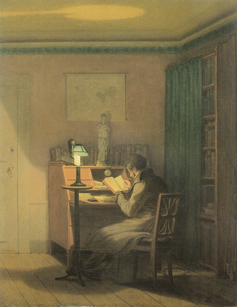 L'Élégant Lecteur — Georg Friedrich Kersting, vers 1812. Un homme lit attentivement dans un intérieur silencieux.