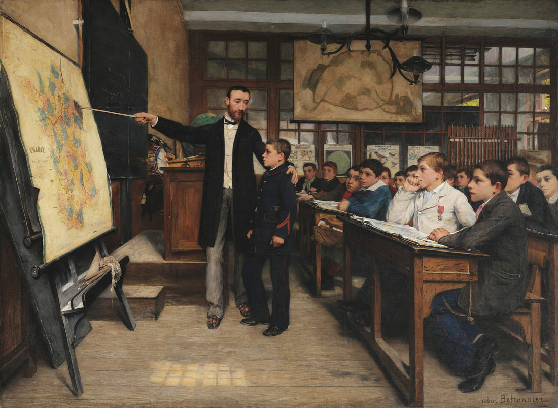 La Tache noire (1887), Albert Bettannier — huile sur toile. Un maître montre à ses élèves l'Alsace-Lorraine sur une carte de France, symbolisant la revanche après 1871.