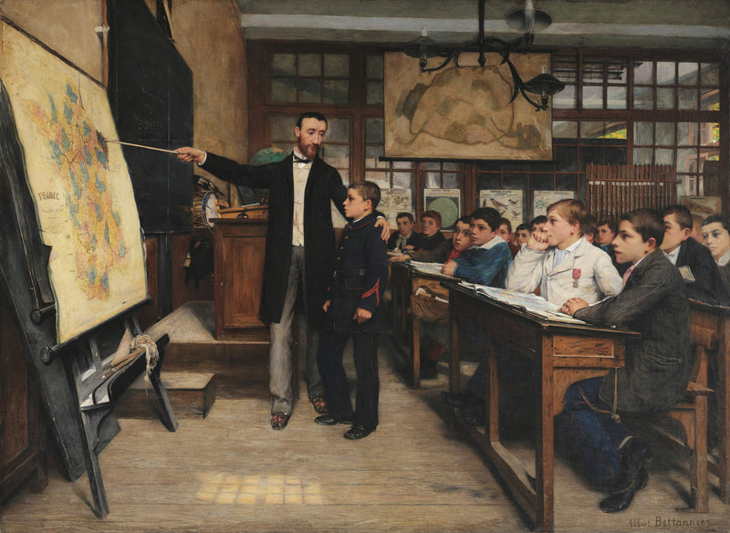 La Tache noire (1887), Albert Bettannier — huile sur toile. Un maître montre à ses élèves l'Alsace-Lorraine sur une carte de France, symbolisant la revanche après 1871.