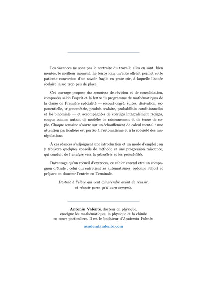 Cahier de Vacances - Mathématiques - Première vers la Terminale