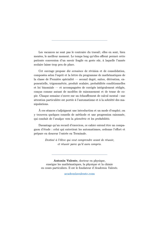 Cahier de Vacances - Mathématiques - Première vers la Terminale